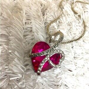 NWOT Silver Tone Box Chain Large Hot Pink Pendant Crystals I Love You Forever